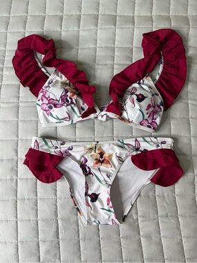 Floral Ruffle Two-Piece Bikini with Burgundy Accents